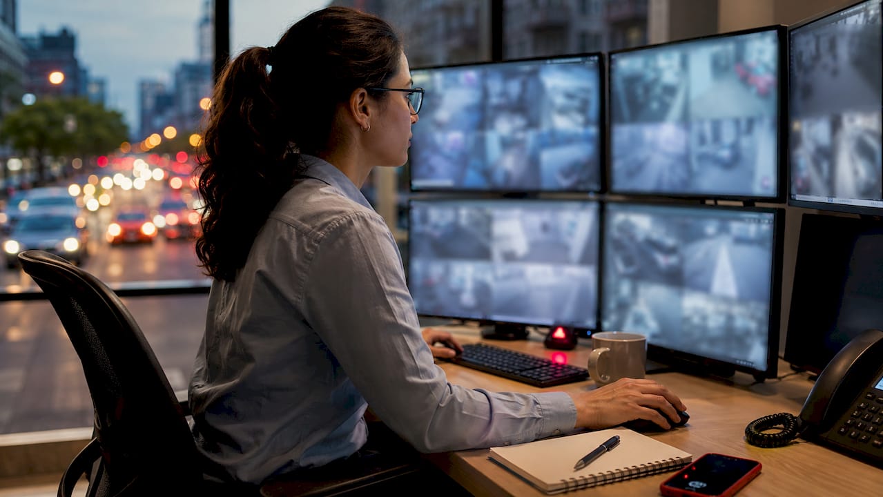 Security operator monitoring surveillance cameras