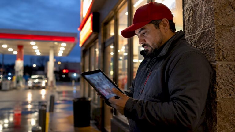 Security technician inspecting gas station surveillance system at dusk
