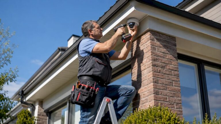 Technician installing security camera on townhouse exterior