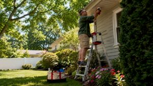 Homeowner cleaning outdoor security camera