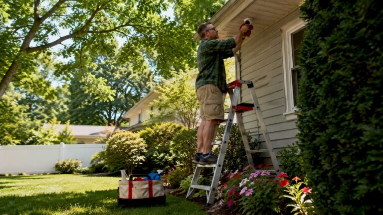 Homeowner cleaning outdoor security camera