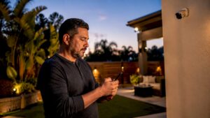 Property owner monitoring home security cameras