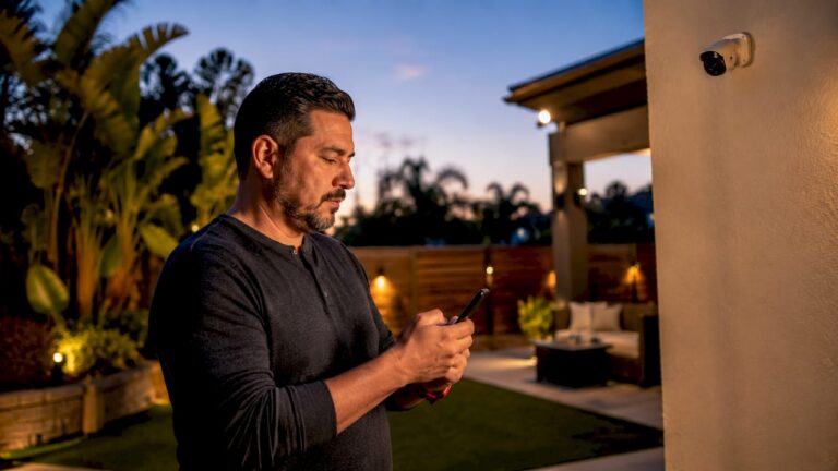 Property owner monitoring home security cameras