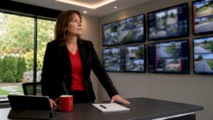 Security manager monitoring gated community cameras