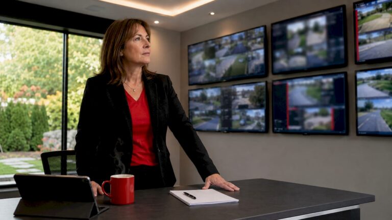 Security manager monitoring gated community cameras