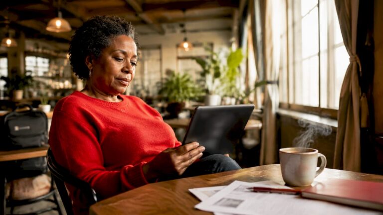 Woman checking AI security app at home