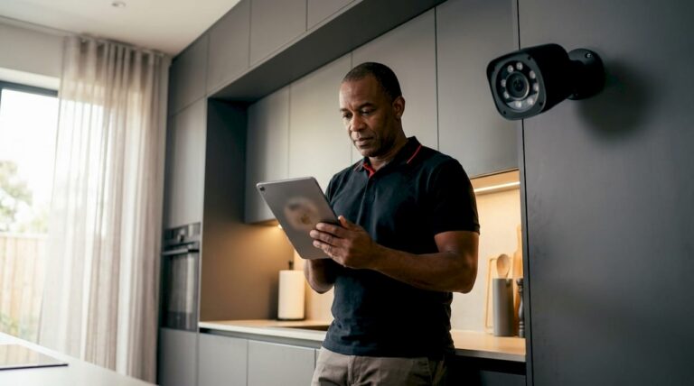 Homeowner checking home security camera on tablet