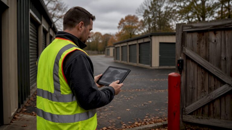 Facility manager reviewing self-storage security footage