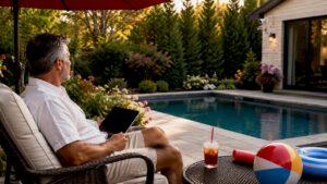 Man checking pool security camera system