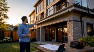 Consultant showing multi-story home security cameras
