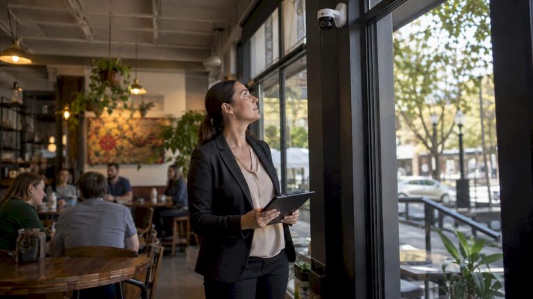 Security manager observing indoor surveillance camera