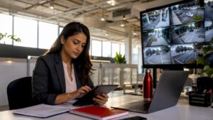 Technician configuring commercial camera cybersecurity