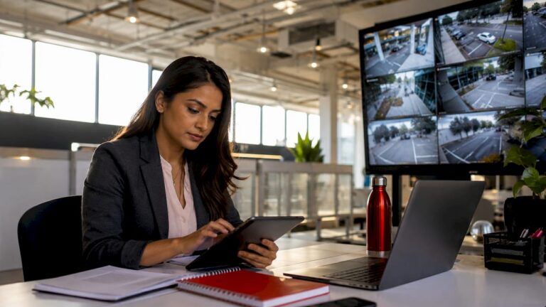 Technician configuring commercial camera cybersecurity