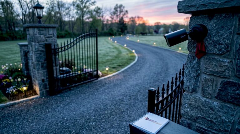 Fixed security camera mounted on gated driveway entrance