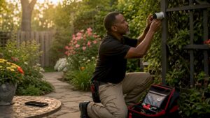 Man installing home surveillance camera outdoors