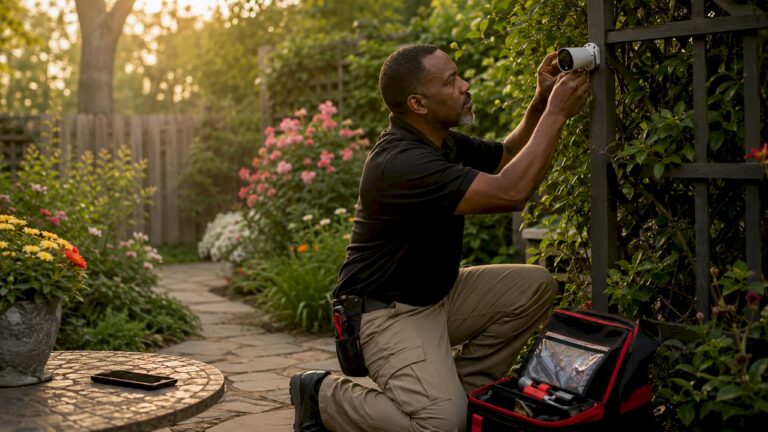 Man installing home surveillance camera outdoors