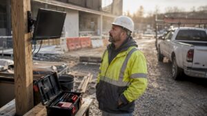 Site manager watching CCTV monitor outdoors