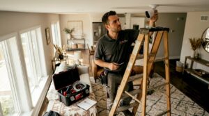 Technician installing security camera in modern home foyer