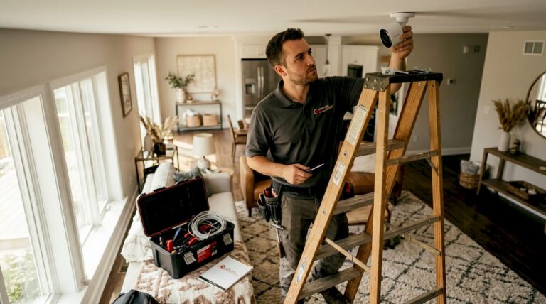 Technician installing security camera in modern home foyer