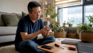 Man inspecting condo security camera indoors