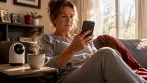 Homeowner checking remote security alert on smartphone