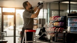 Technician installing cash register security camera