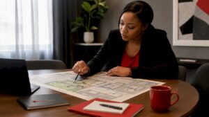 Security professional reviewing installation plans in office