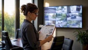 Security manager reviewing CCTV setup in warehouse office
