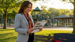 Professional woman surveying Holmdel suburban neighborhood