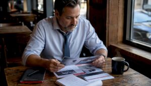 Businessman reviewing security system brochures