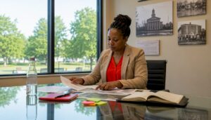 Woman reviewing Freehold NJ municipal documents