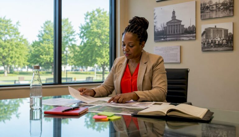 Woman reviewing Freehold NJ municipal documents