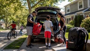 Family arriving home in Howell suburban neighborhood