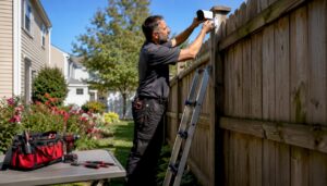 Technician installing security camera on house exterior
