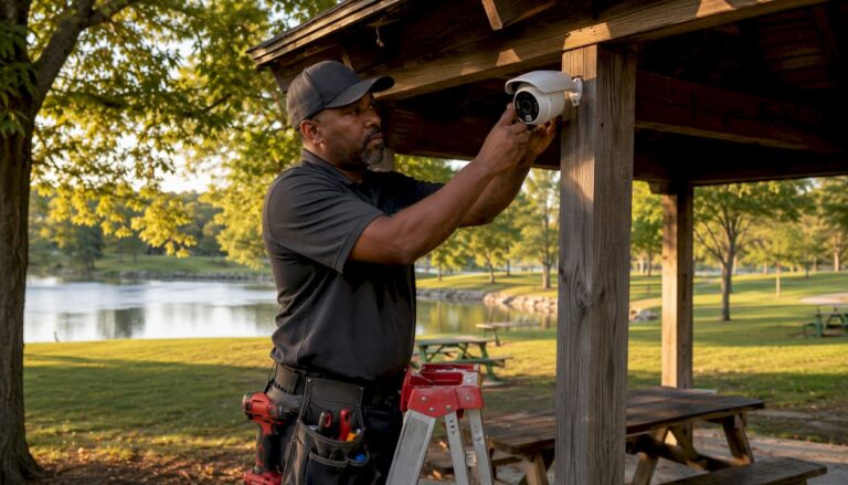 Technician installing security camera on house exterior