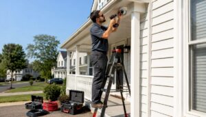 Technician installing security camera on Lakewood house