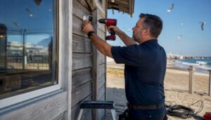 Technician installing security camera outdoors