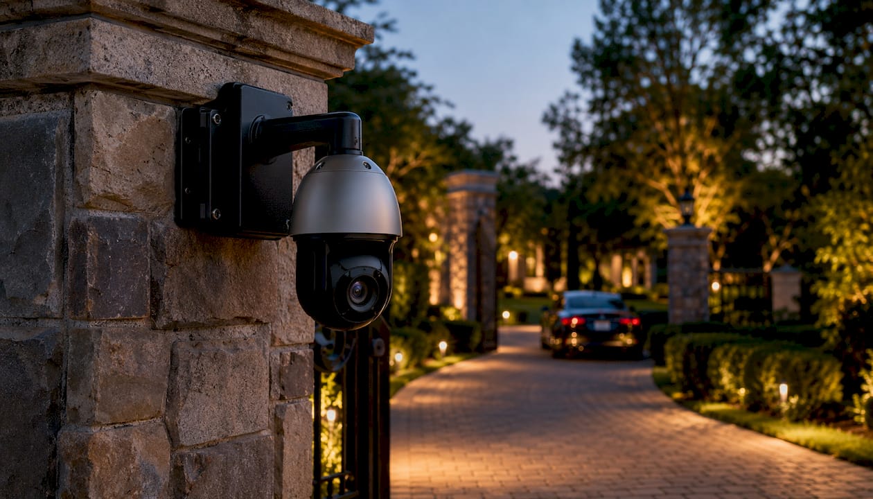 Close-up PTZ security camera on driveway gate post