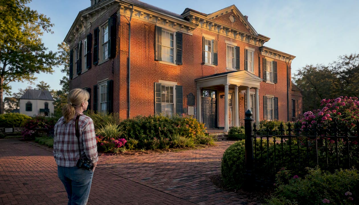 Historic stone building with visitor in Bordentown