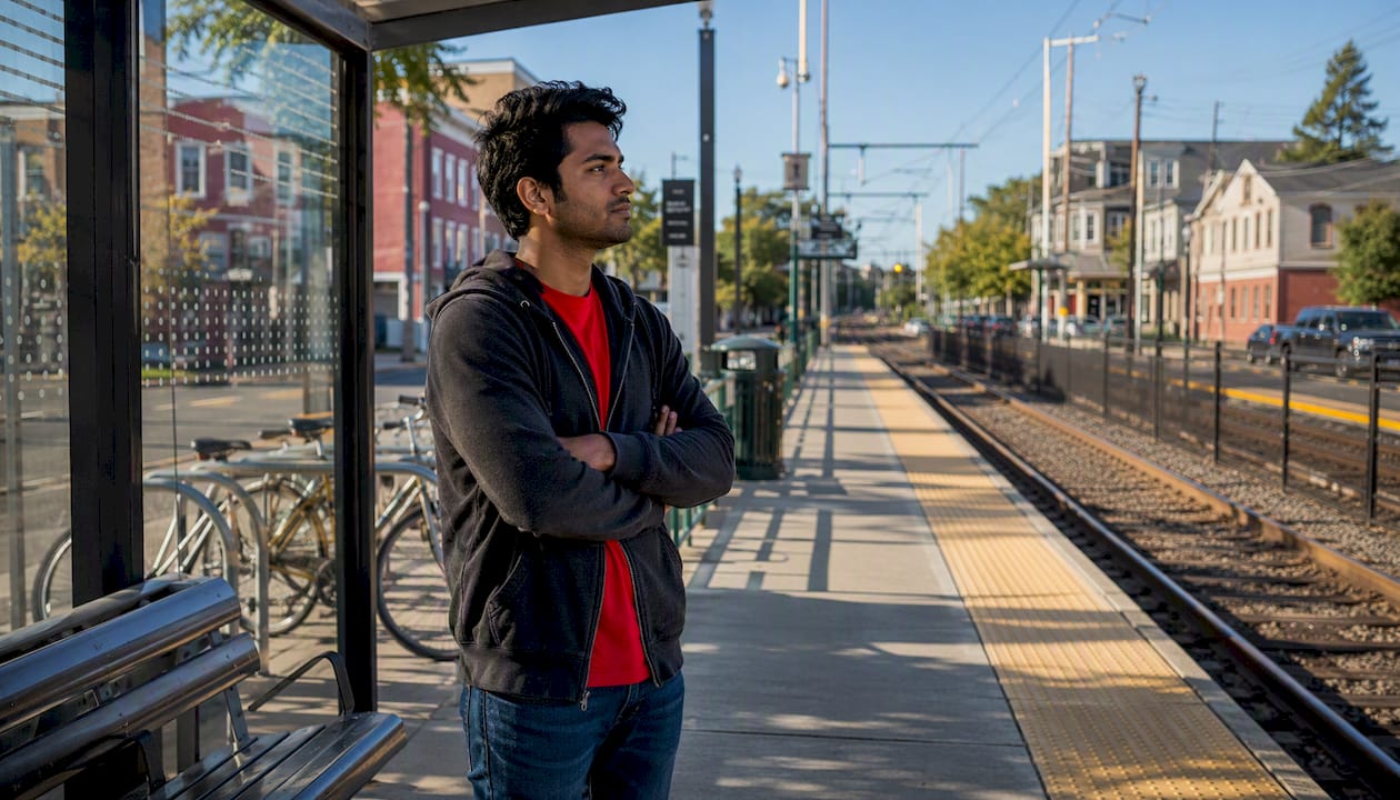 Bordentown River Line train station platform with waiting passenger