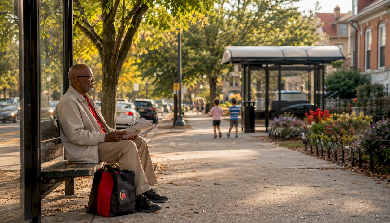 Man waiting at NJ Transit bus stop in suburb