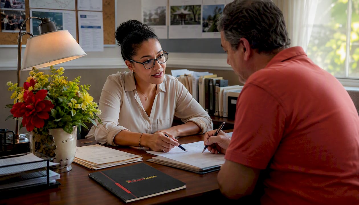 Municipal clerk assisting visitor at town hall desk