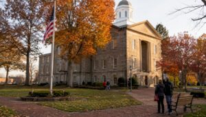 Historic Burlington County Courthouse with fall trees