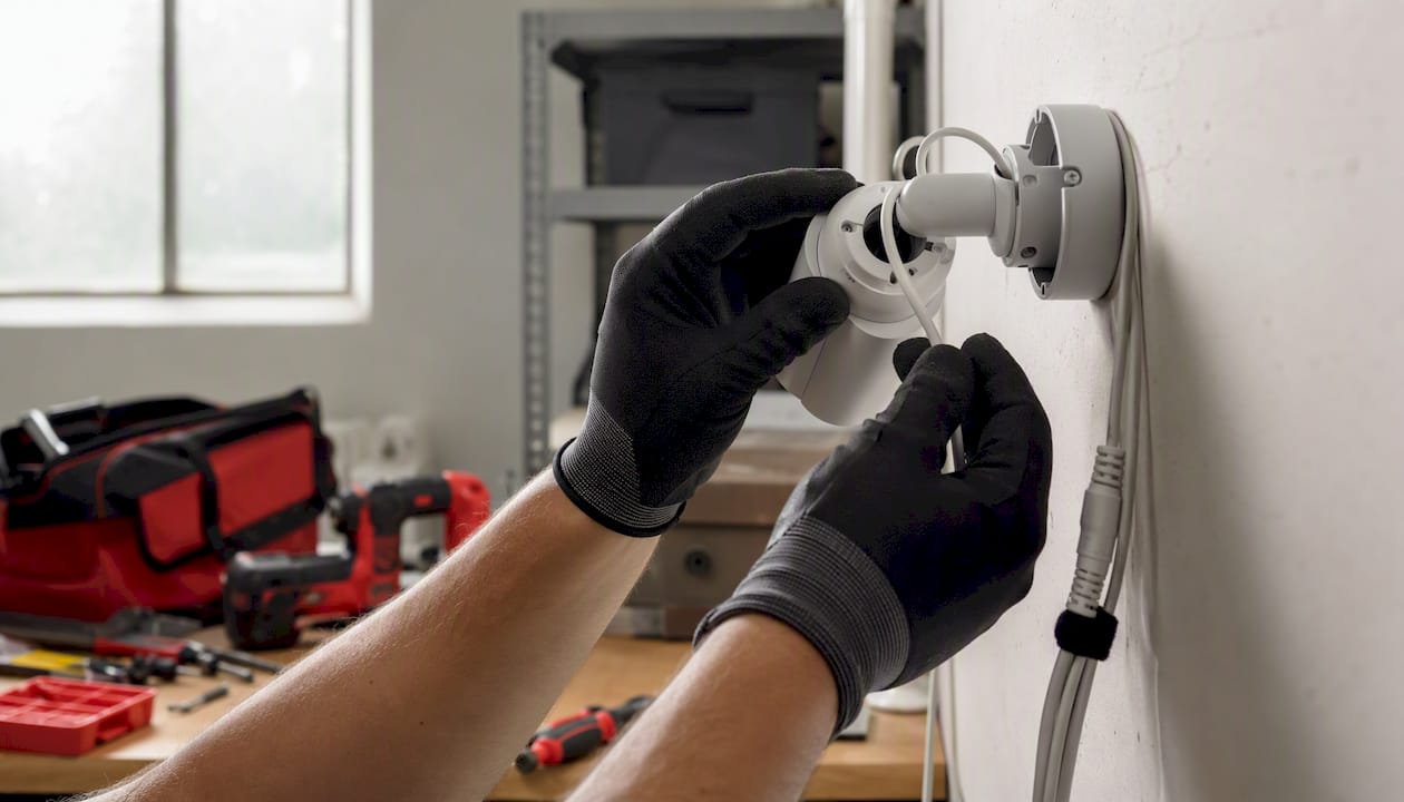 Technician routing security camera cables inside a building