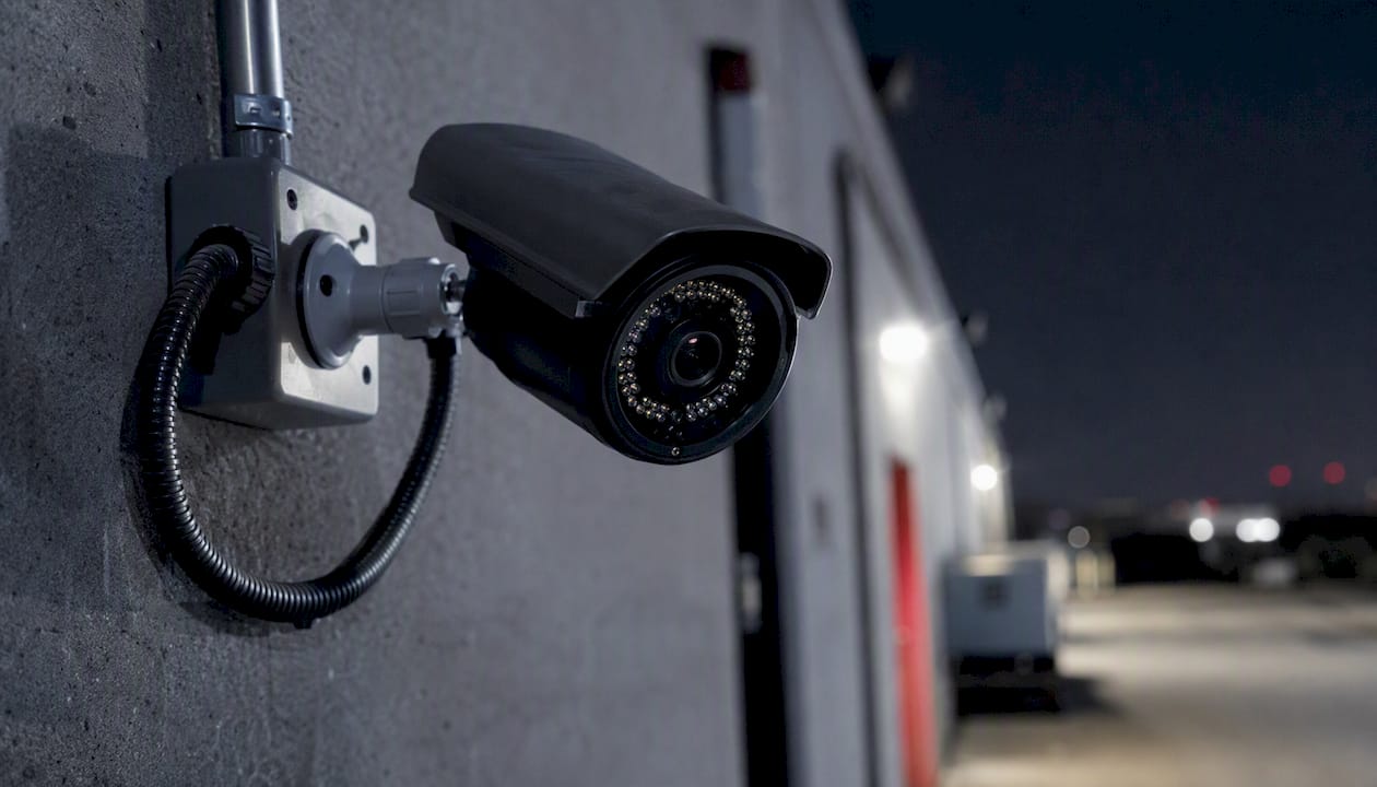 Close-up of security camera lens and night vision LEDs