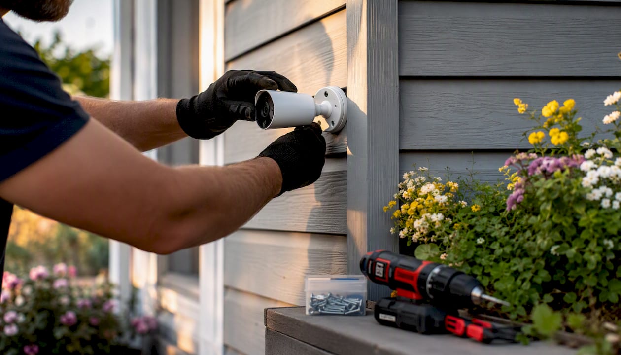 Hands installing outdoor security camera on house