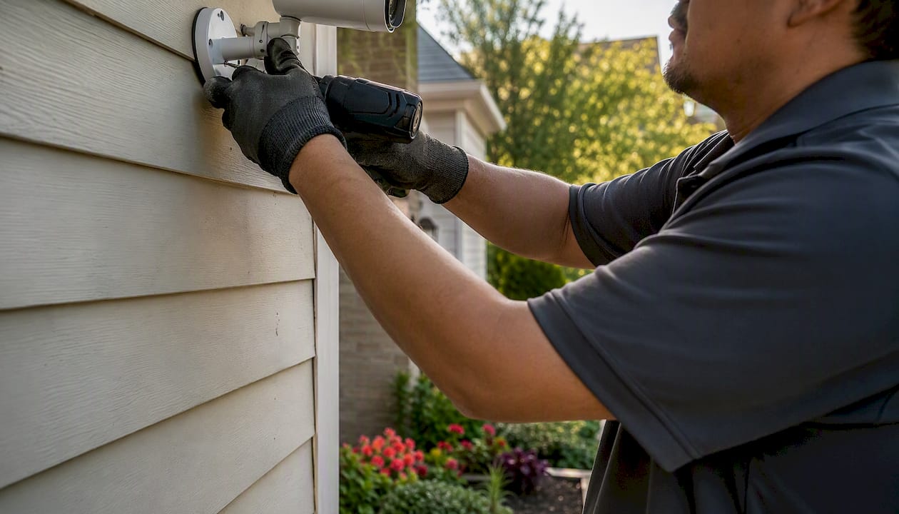 Technician hands mounting security camera outdoors