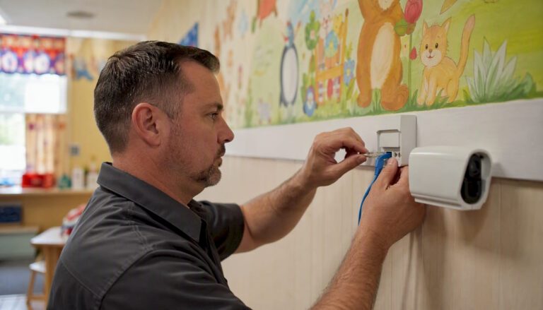 Technician setting up security camera in daycare