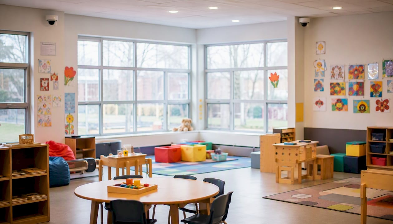Daycare interior with discreet ceiling cameras