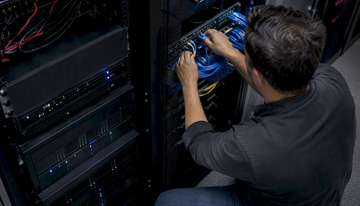 Hands connecting cables in secure surveillance network rack